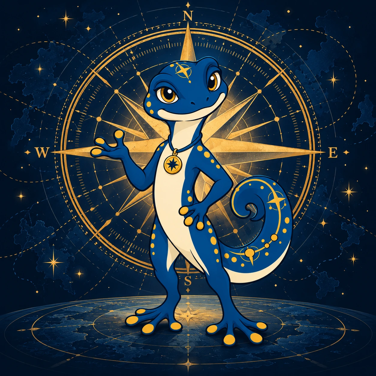 Der Atlas-Gecko vor einer großen goldenen Kompassrose auf einer nächtlichen Weltkarte